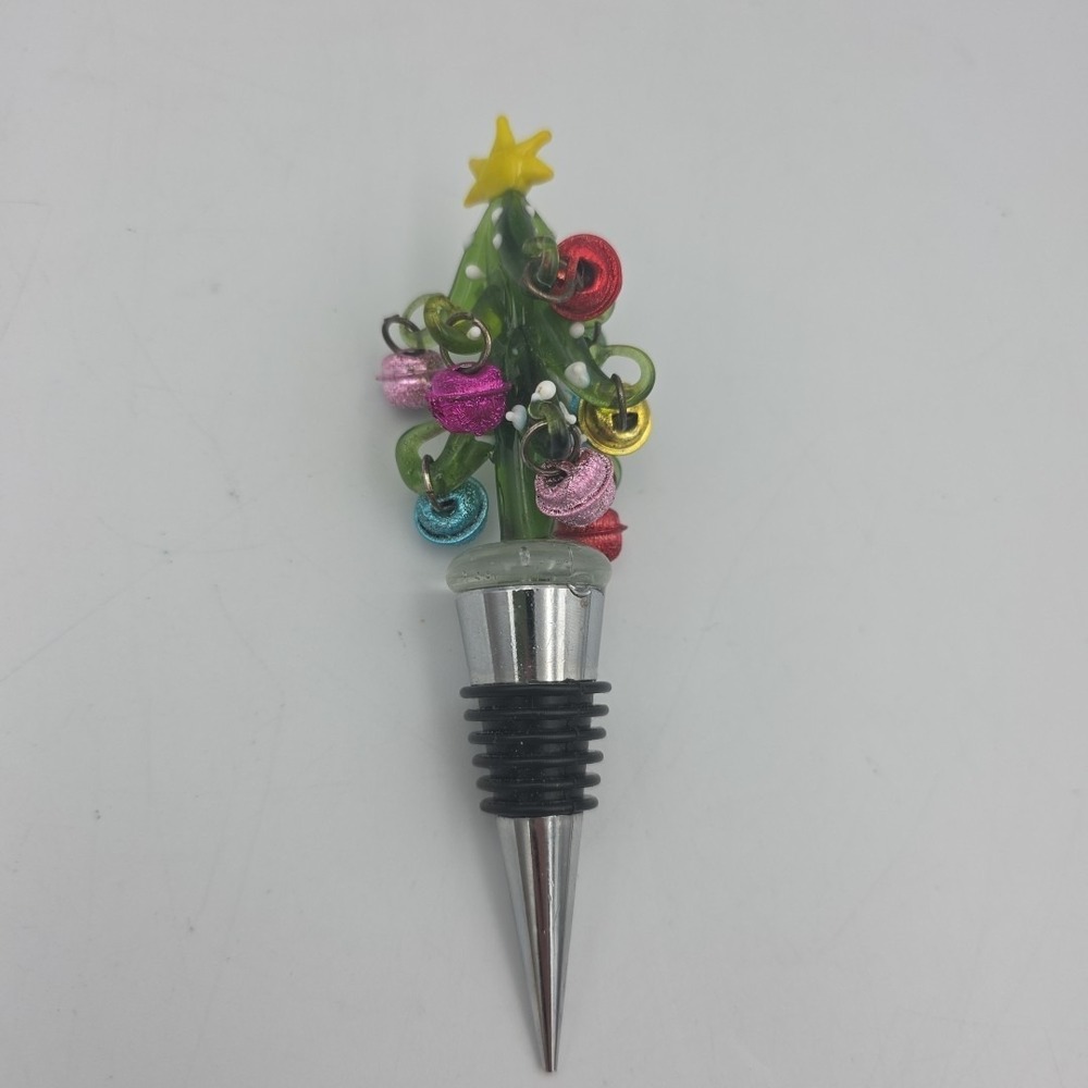 Pier One Wine Bottle Stopper Christmas‎ Tree Art Glass Ornaments Hostess Gift